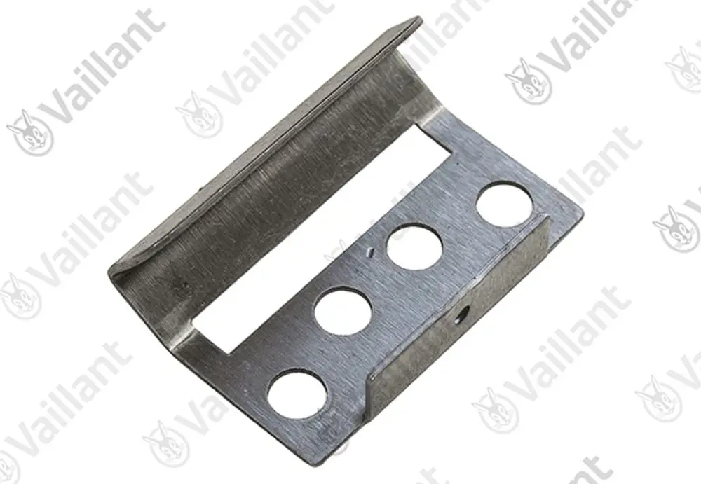 Vállant Halter aus Metall mit einer erhöhten Rückwand und mehreren Bohrungen, geeignet zur Befestigung in unterschiedlichen Anwendungen.